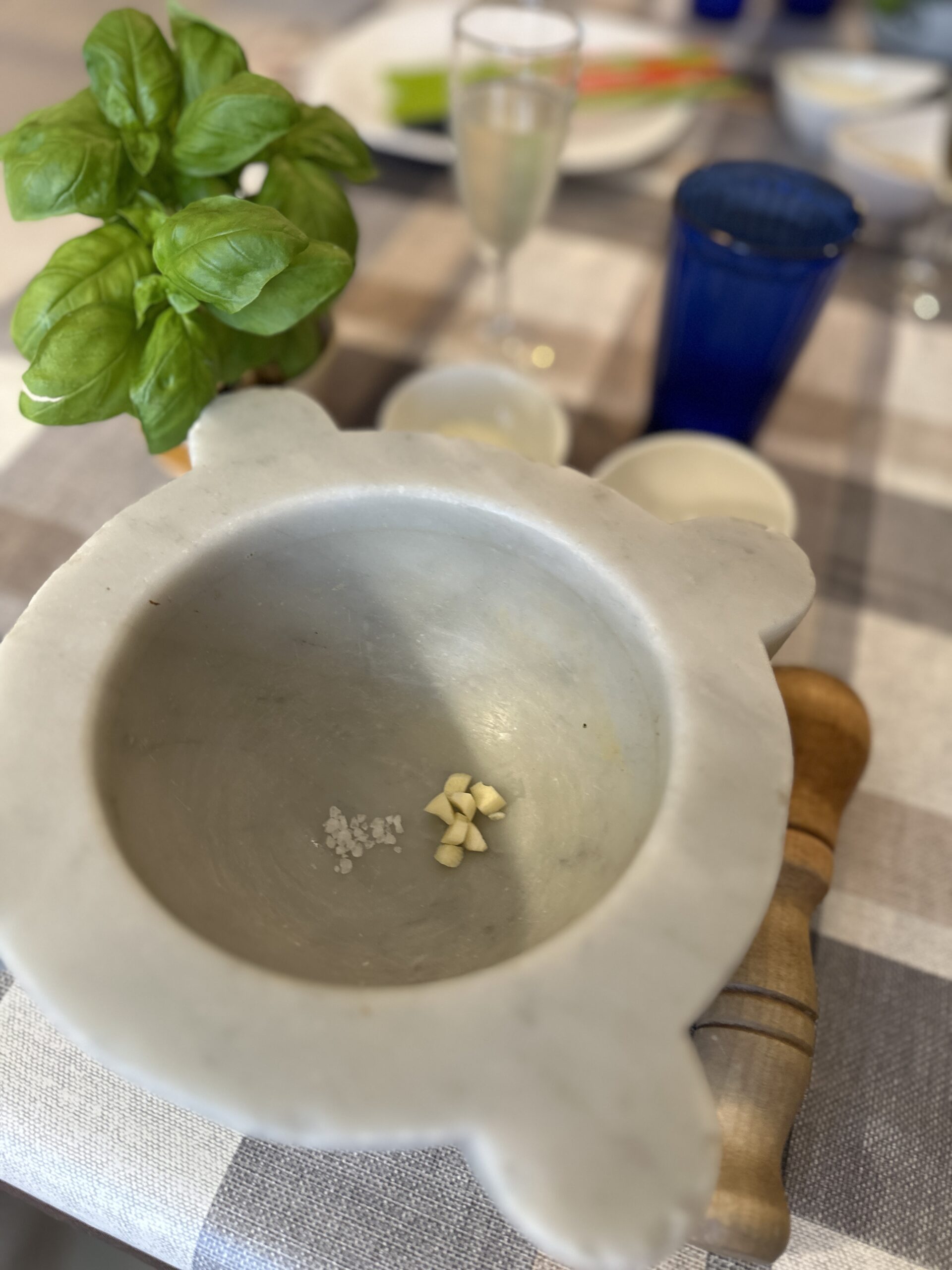 a mortar and pestle sit on a checkered table cloth with sea salt and garlic in the mortar.  A basil plant sits next to it along with a glass of prosecco and glass of water.