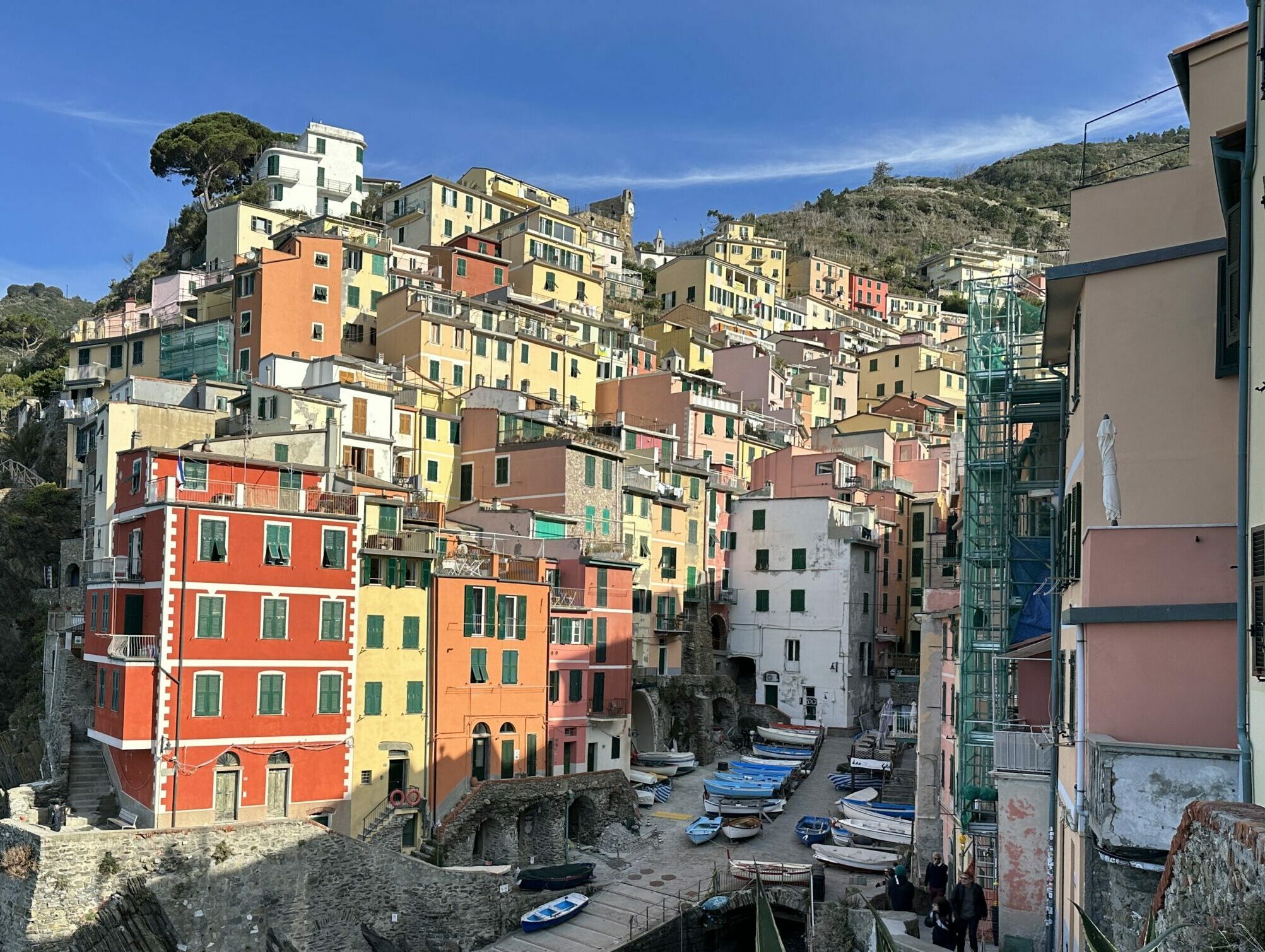 colorful buildings are built tightly together along a small harbor in Riomaggiore Italy